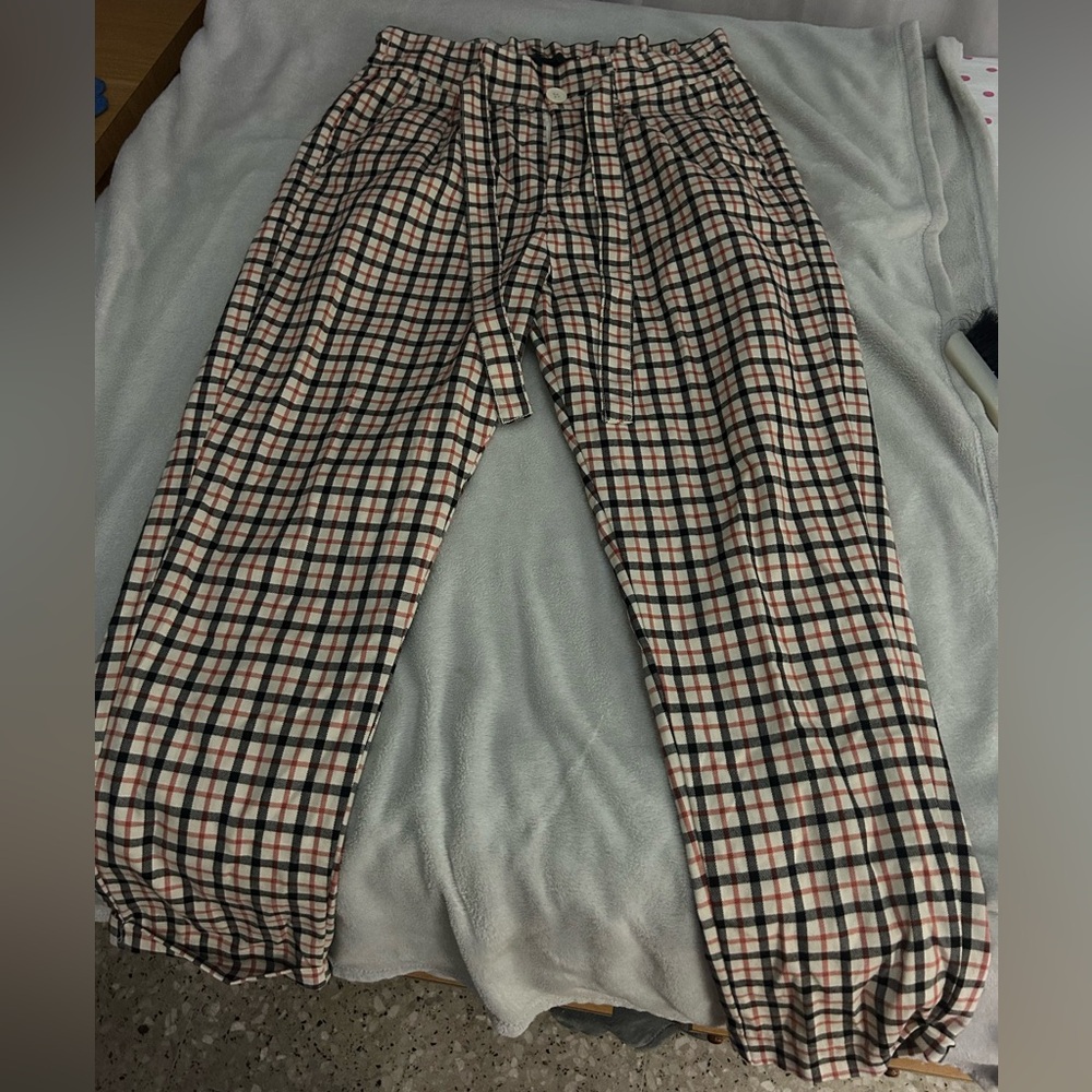 Plaid Orange, Cream, and Black Pants with Tie Belt